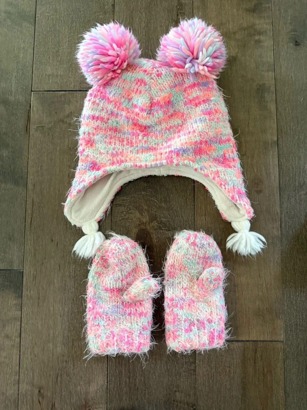 The Children's Place Pink Multicolor Fuzzy Pom Earflap Hat & Mittens